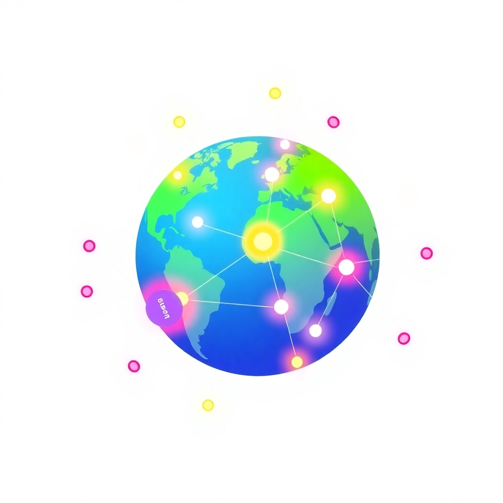 Create a stylized digital illustration representing the concept of connection and opportunity within affiliate marketing. The central image could be a stylized globe with interconnected nodes representing different affiliate offers. Bright, vibrant colors should be used to symbolize the diverse range of opportunities available. A network of glowing lines connecting the nodes illustrates the seamless flow of information and potential earnings. The overall composition should be dynamic and forward-looking, suggesting growth and prosperity. The background is clean and uncluttered, emphasizing the central image. The style should be modern and appealing, with a touch of futurism to represent the evolving nature of digital marketing. Render in 4K resolution for high visual impact.