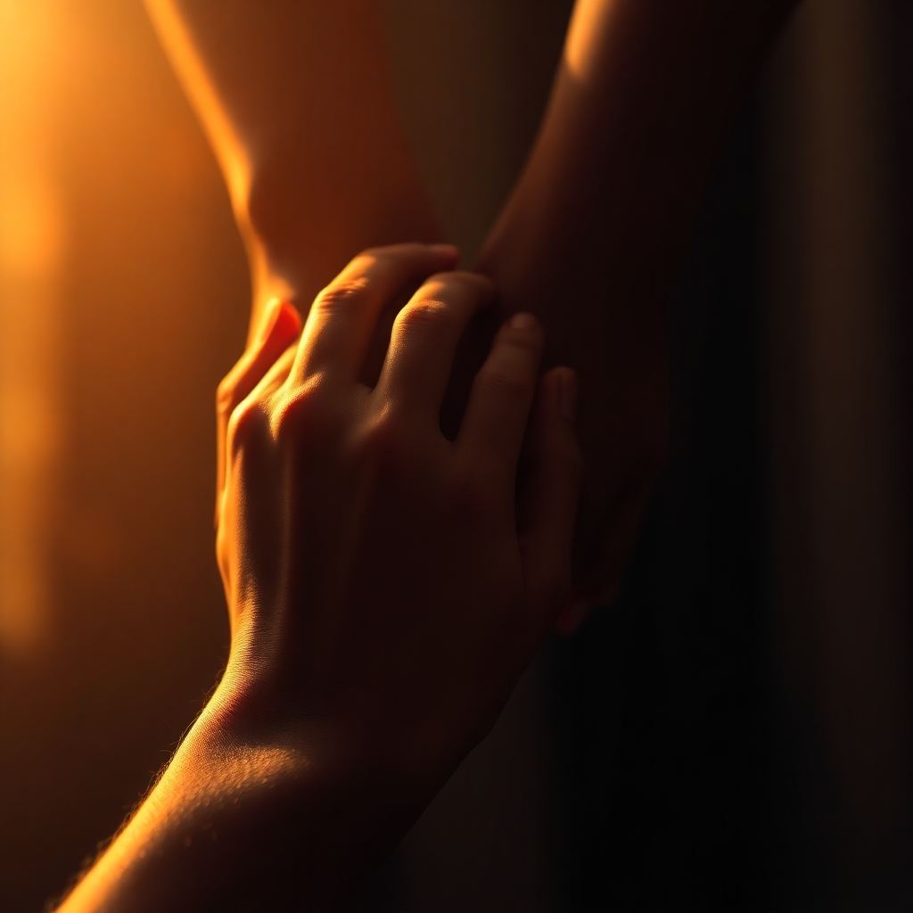 Create a stylized image of intertwined hands bathed in soft, warm light. The hands should be slightly out of focus, creating a dreamlike quality. The background should be a dark, blurred bokeh effect, representing the mystery and allure of intimacy. Focus on the texture of the skin and the subtle details of the hands. Style: Impressionistic, emphasizing light and emotion. Technical specs: 4K resolution, high quality rendering.