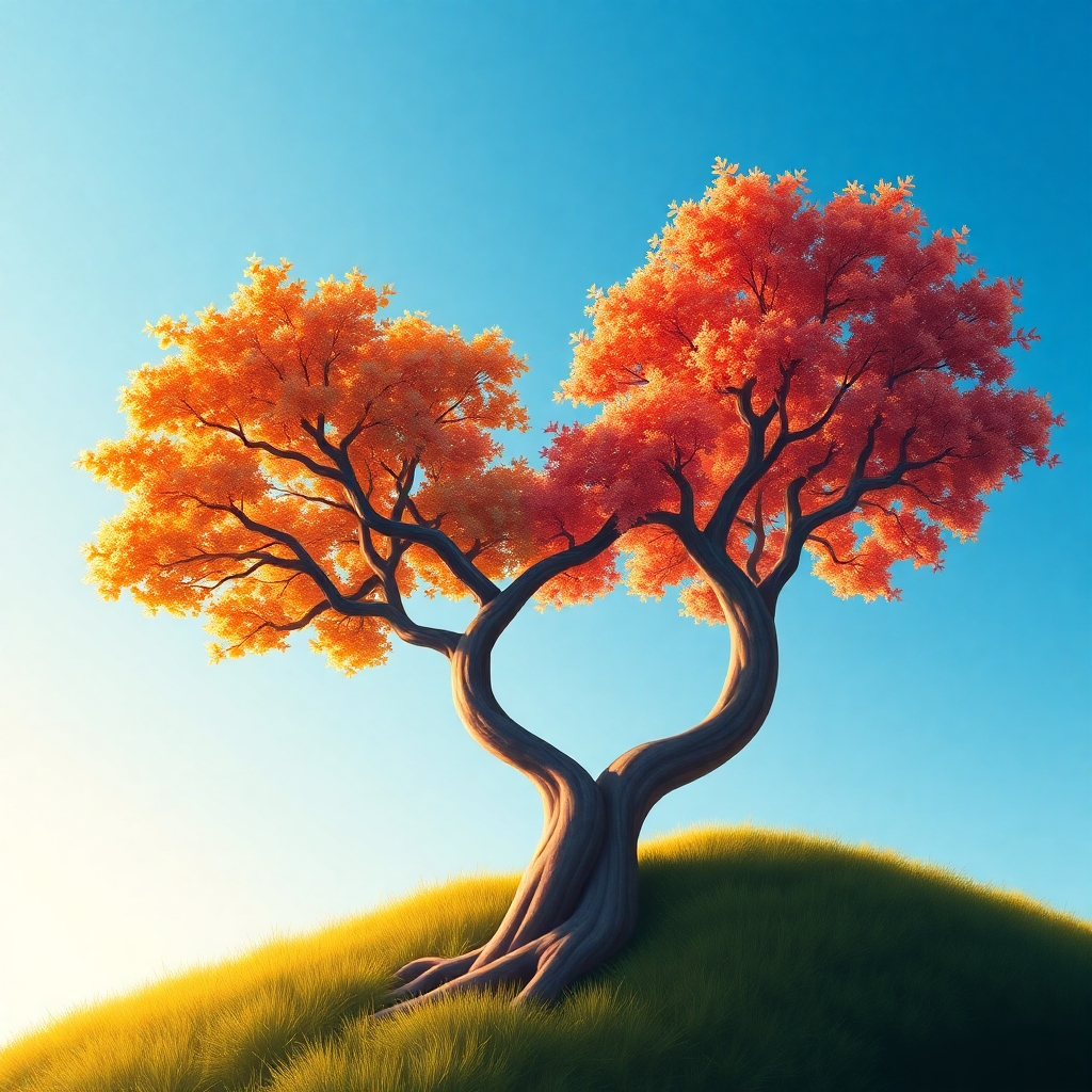Create a stylized image of two trees with intertwined branches reaching towards the sky. The trees should be strong and healthy, symbolizing the growth and resilience of a lasting relationship. The leaves should be vibrant and colorful, representing the beauty and abundance of a loving partnership. The background should be a clear blue sky, symbolizing hope and optimism. Lighting should be warm and golden, emphasizing the positive aspects of the relationship. Style: Romantic and whimsical, emphasizing beauty and emotion. Technical specs: 4K resolution, high-quality digital art.