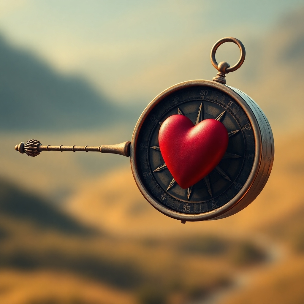 Create a stylized image representing a compass pointing towards a heart. The compass should be ornate and detailed, symbolizing guidance and direction. The heart should be simple and elegant, representing love and connection. The background should be a soft, blurred landscape, suggesting a journey. Lighting should be warm and inviting, emphasizing the positive aspects of the journey. Style: Vintage-inspired, emphasizing craftsmanship and tradition. Technical specs: 4K resolution, high-quality digital art.