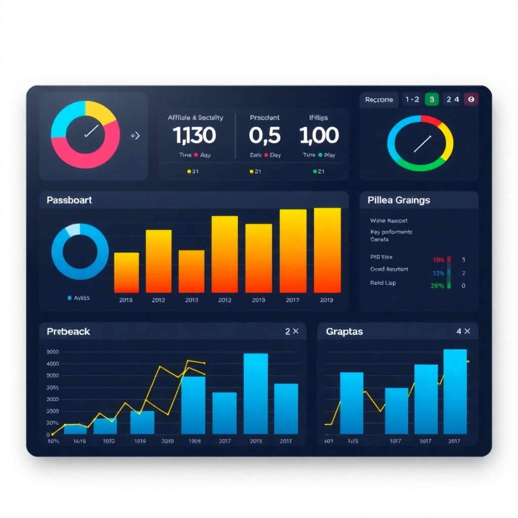 Create a visually appealing dashboard with graphs, charts, and key performance indicators (KPIs). The dashboard should be easy to understand and navigate, providing valuable insights into affiliate performance. The lighting should be bright and informative, highlighting the importance of data-driven decision-making. Render in a clean and modern style.