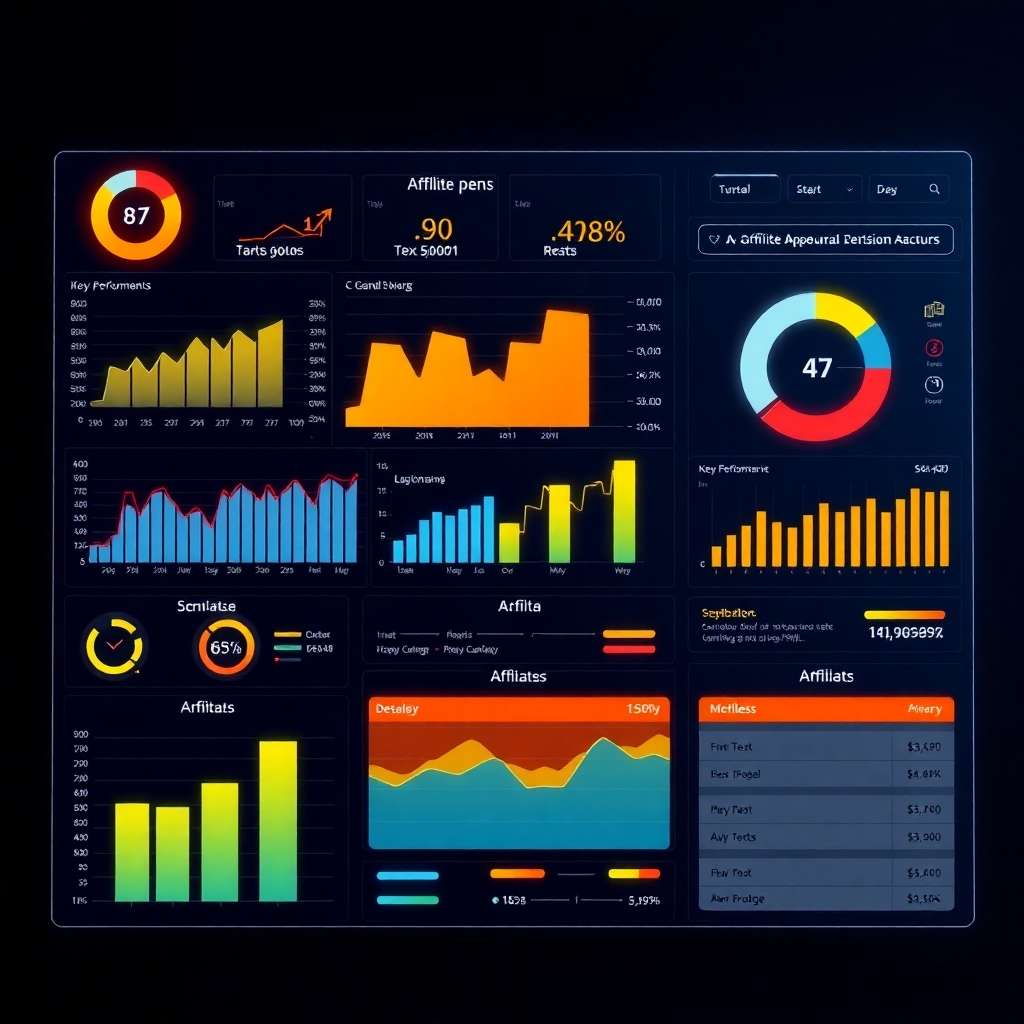 Depict a dynamic dashboard with graphs, charts, and key performance indicators (KPIs), providing a clear overview of affiliate performance. The lighting should be bright and informative, highlighting the importance of data-driven decision-making. Render in a clean and modern style.