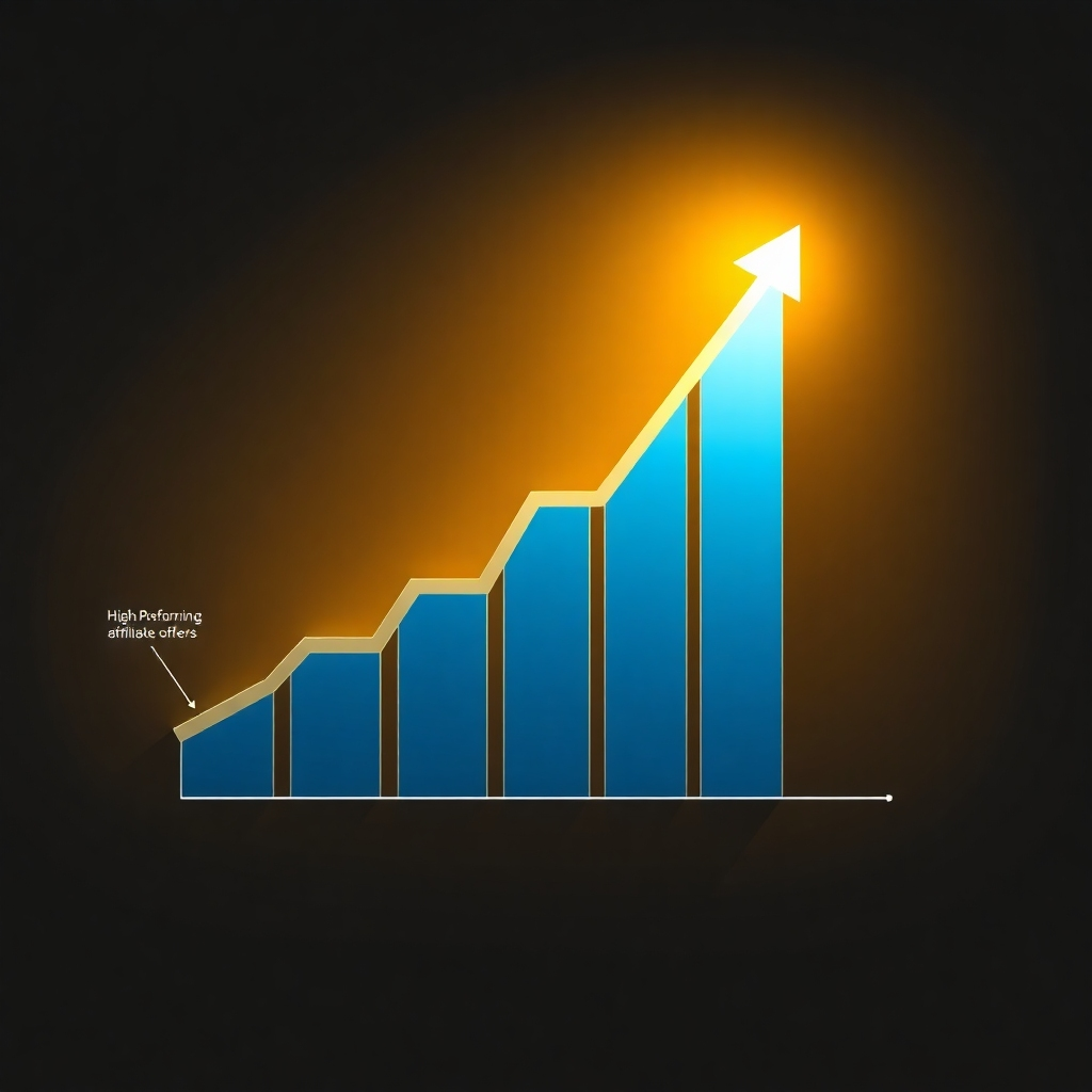 Depict a graph showing a clear upward trend, symbolizing the growth and success achieved through high-performing affiliate offers. The graph should be visually appealing and easy to understand, with clear labels and annotations. The lighting should be bright and optimistic, highlighting the positive trajectory. Render in a clean and modern style.