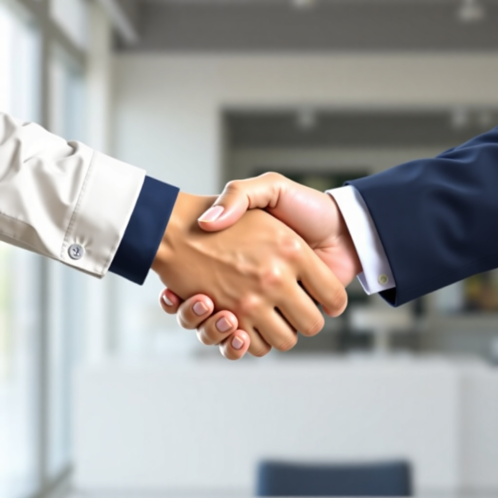 Depict two hands shaking, symbolizing a successful partnership between an affiliate marketer and a vendor. The hands should be strong and confident, representing trust and collaboration. The background should be a clean and professional setting, emphasizing the importance of the partnership. Render in a realistic style.