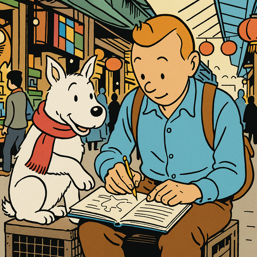 Photorealistic rendering of Tintin and Snowy in a candid moment, perhaps sitting side-by-side on a crate in a bustling marketplace, Tintin sketching in a notebook while Snowy looks on attentively. The lighting should be natural and warm, highlighting the details of their expressions and clothing. The market should be blurred in the background, suggesting the exotic locales they often visit. Focus on capturing the bond between them. 4K resolution, high quality.