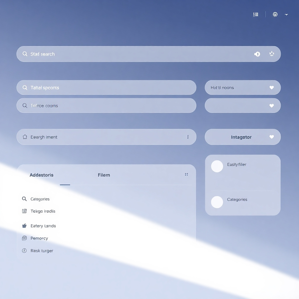 Illustrate a simplified user interface with clear search bars, filters, and categories. The design should be clean and modern, emphasizing ease of use. The lighting should be bright and inviting, highlighting the user-friendliness of the interface. Render in a minimalist style.