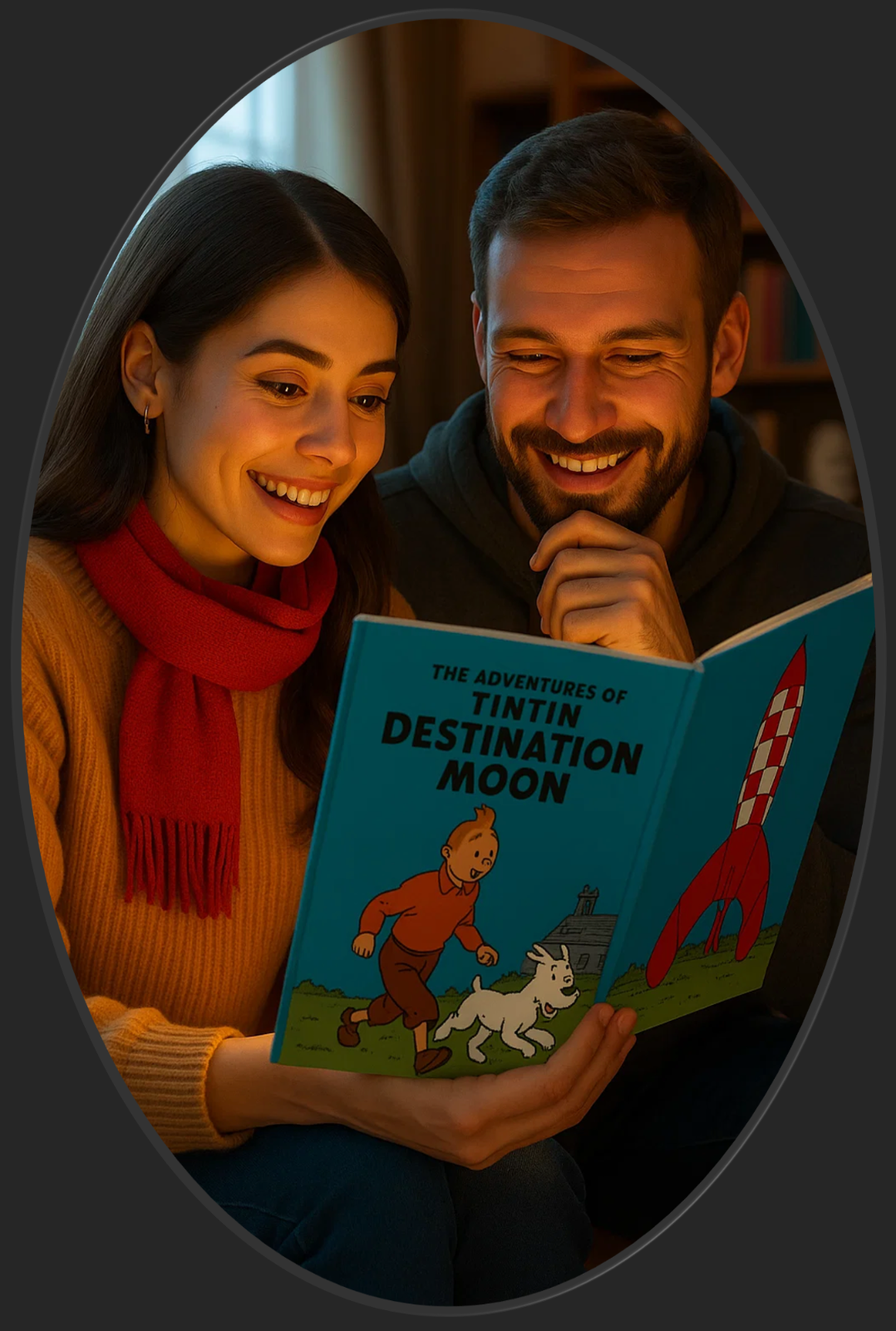 A heartwarming scene of a parent reading a Tintin comic book to their child, both of them engrossed in the story. The lighting should be warm and inviting, creating a sense of intimacy and connection. The background should be a cozy living room, filled with books and toys. 4K resolution, high quality.