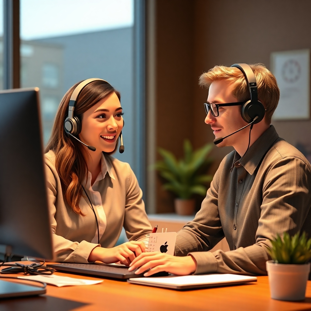 Show a friendly support representative assisting an affiliate marketer, using a headset and computer to provide guidance and assistance. The lighting should be warm and inviting, emphasizing the helpfulness of the support team. Render in a realistic style.