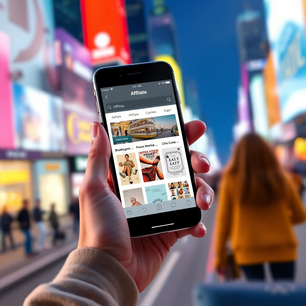 Show a person using a mobile phone to browse affiliate offers on a sleek and modern app. The background should be a vibrant and bustling cityscape, emphasizing the accessibility of the platform. The lighting should be warm and inviting, highlighting the convenience of mobile access. Render in a realistic style.