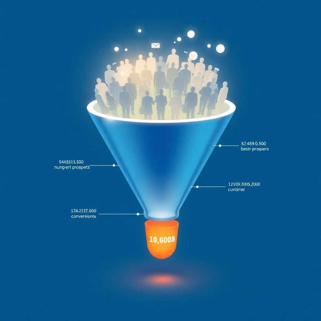 Visualize a funnel with a large number of prospects entering at the top and a significantly higher number of conversions emerging at the bottom. The funnel should be visually appealing and easy to understand, with clear labels and annotations. The lighting should be bright and optimistic, highlighting the effectiveness of the conversion process. Render in a clean and modern style.