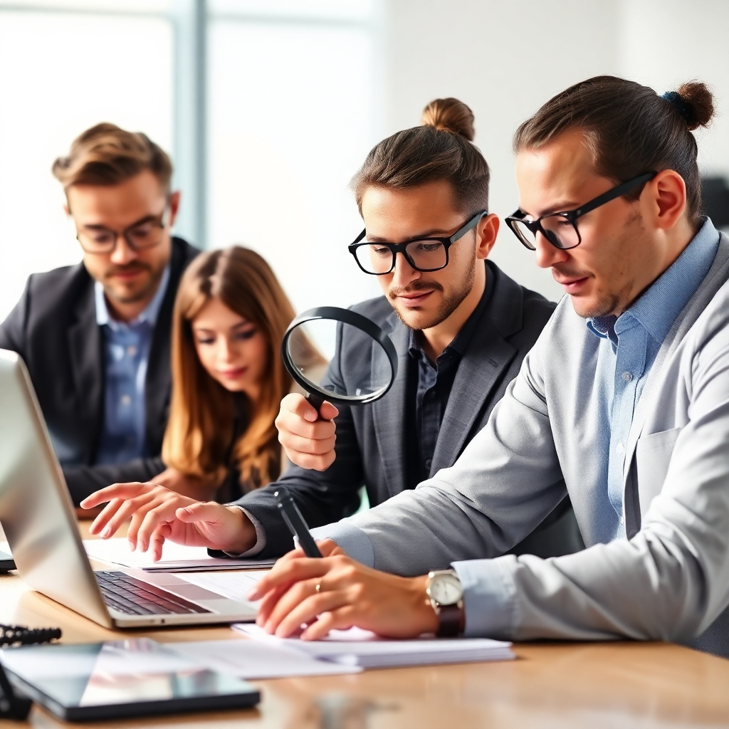 Visualize a team of experts carefully reviewing and selecting affiliate offers, using magnifying glasses and digital tools to assess their potential. The lighting should be bright and professional, emphasizing the thoroughness of the curation process. Render in a realistic style.