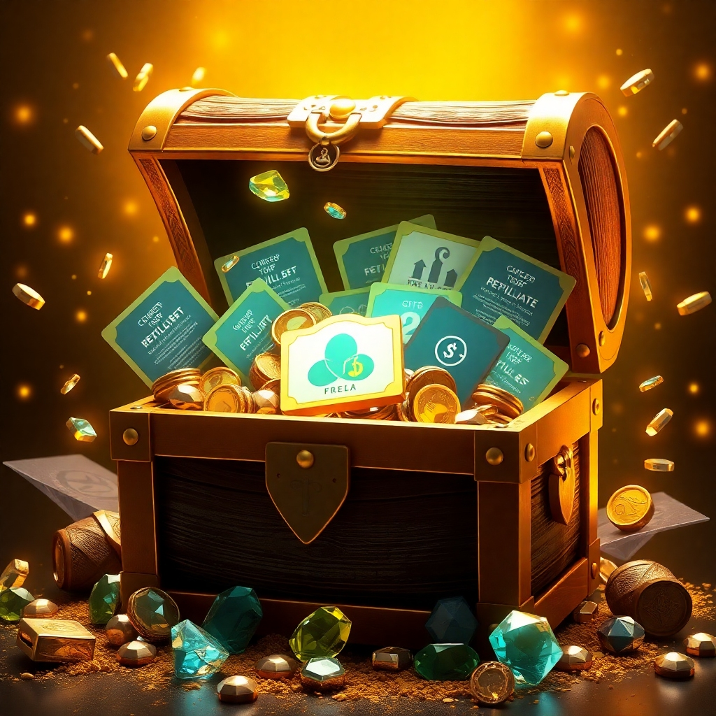 Visualize a treasure chest overflowing with valuable digital assets, each representing a top affiliate offer. The lighting is golden and inviting, highlighting the richness and potential of each deal. The composition is dynamic, with assets spilling out of the chest, suggesting abundance and opportunity. The style is semi-realistic, with a touch of fantasy to capture the excitement of discovering hidden gems. Render in high detail.