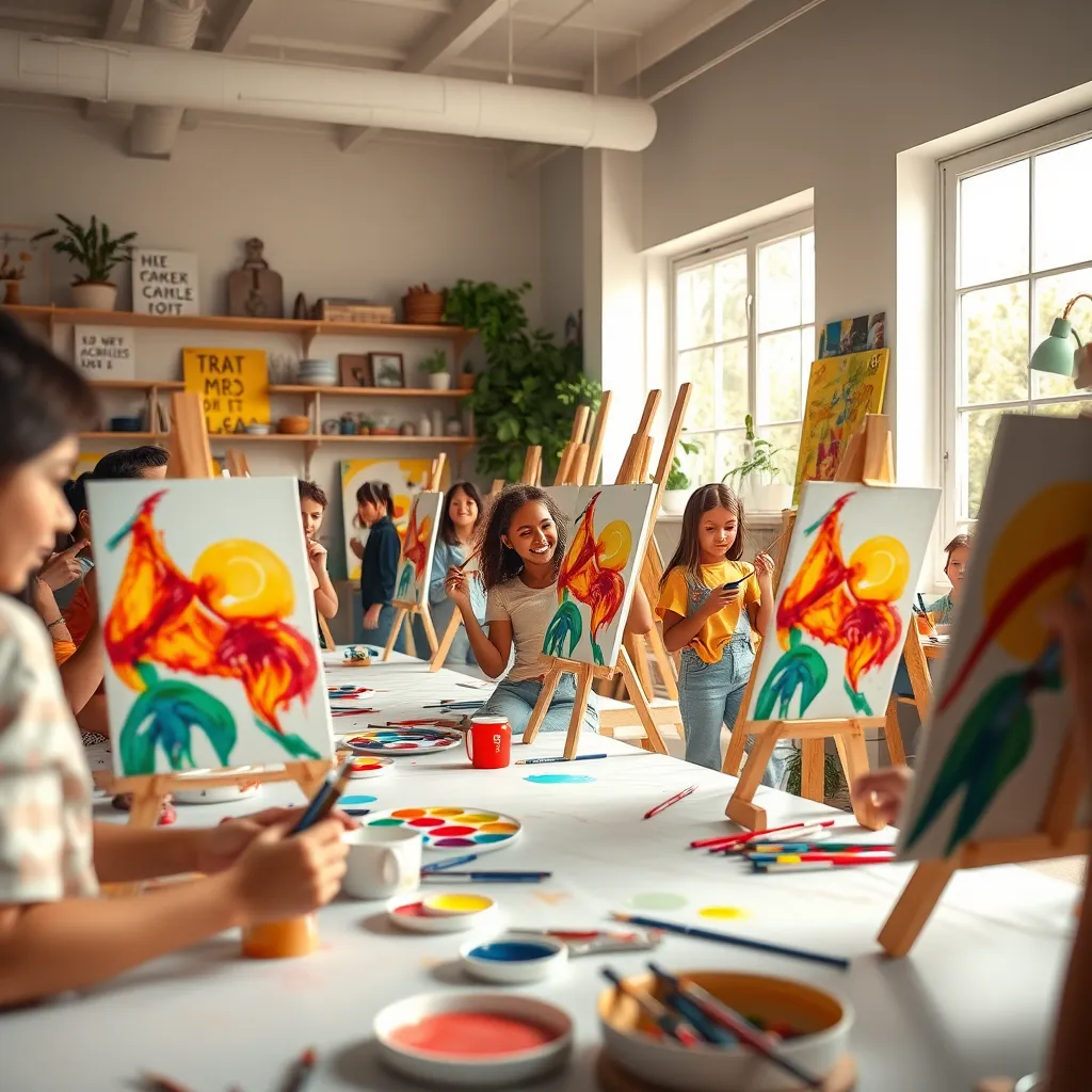 A bright, inviting art studio filled with enthusiastic students of various ages engaging in an acrylic painting workshop. The composition features easels with colorful paintings in progress, vibrant palettes, and brushes on the tables. Soft diffused lighting filters in through large windows, illuminating the cheerful atmosphere. The color palette is rich with warm tones like yellows and reds, creating an energizing mood. The camera angle is slightly elevated, capturing both the students and their artwork. Textures of canvas, paint, and wooden easels come to life in stunning detail. Background elements include shelves filled with art supplies, plants, and motivational art quotes. This scene should evoke creativity and joy, in the style of contemporary art workshops. Technical specifications: 8K resolution, hyperrealistic, ultra-detailed.