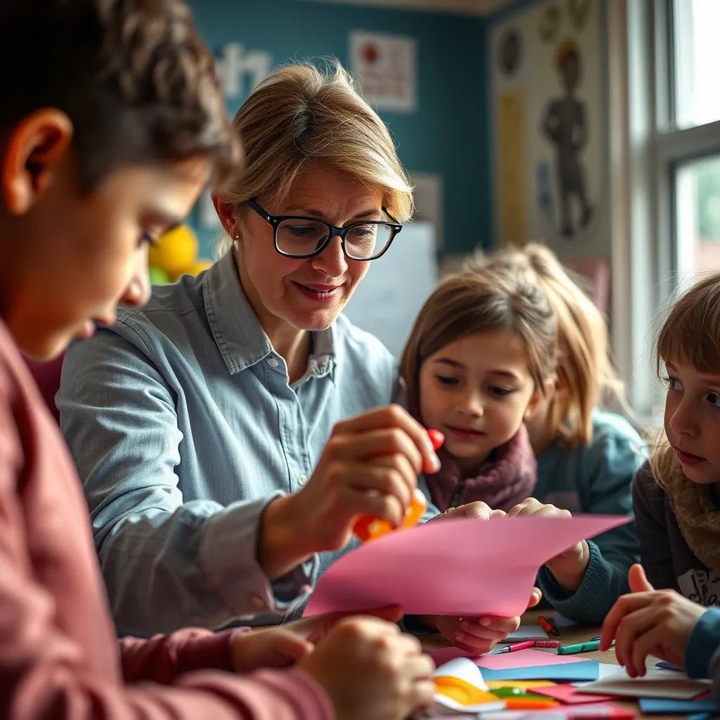 A close-up view of a teacher demonstrating a crafting technique, surrounded by eager students. The teacher is showcasing the steps on a project using colored paper and glue. The atmosphere is filled with curiosity and engagement, highlighted by detailed, focused expressions.