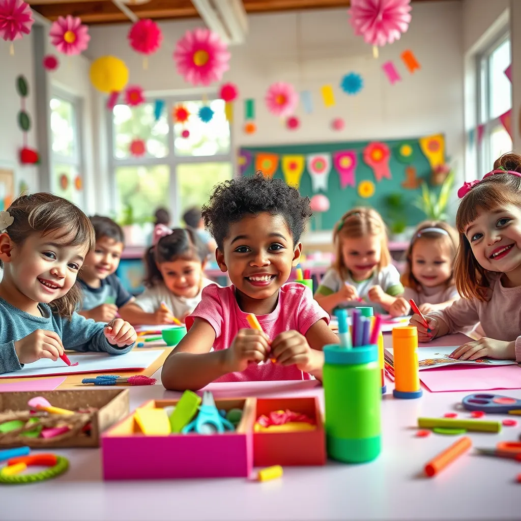A colorful and playful crafting session designed for children, featuring a diverse group of kids enthusiastically working on various DIY projects. The setting is a cheerful classroom adorned with craft decorations like paper flowers and hanging banners. Bright, natural light pours in through the windows, creating a lively and imaginative atmosphere. The color palette is vibrant with hues of pink, blue, and green, making the mood joyful and energetic. The camera angle is at a child's eye level, capturing their concentration and creativity. Please include richly textured craft supplies like paper, glue, beads, and scissors prominently on the tables. Background elements should include completed projects displayed proudly. This scene should reflect the style of children's activity books. Technical specifications: 8K resolution, hyperrealistic, ultra-detailed.