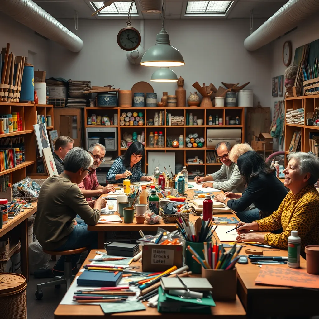 A cozy arts and crafts studio filled with colorful supplies: paint, fabrics, and tools. A large table is surrounded by people of diverse backgrounds, laughing and creating together. Warm lighting enhances the inviting atmosphere and showcases their artistic projects.