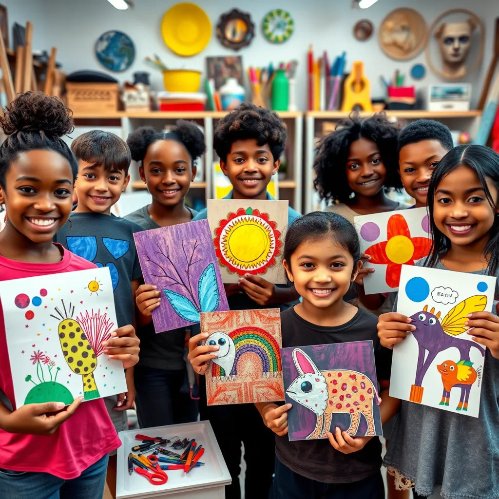 A diverse group of learners showcasing their unique arts and crafts projects, highlighting personal styles. Each project is different, displaying vibrant colors and imaginative designs. The backdrop features an inviting, inspiring studio space filled with creative energy and various art supplies.
