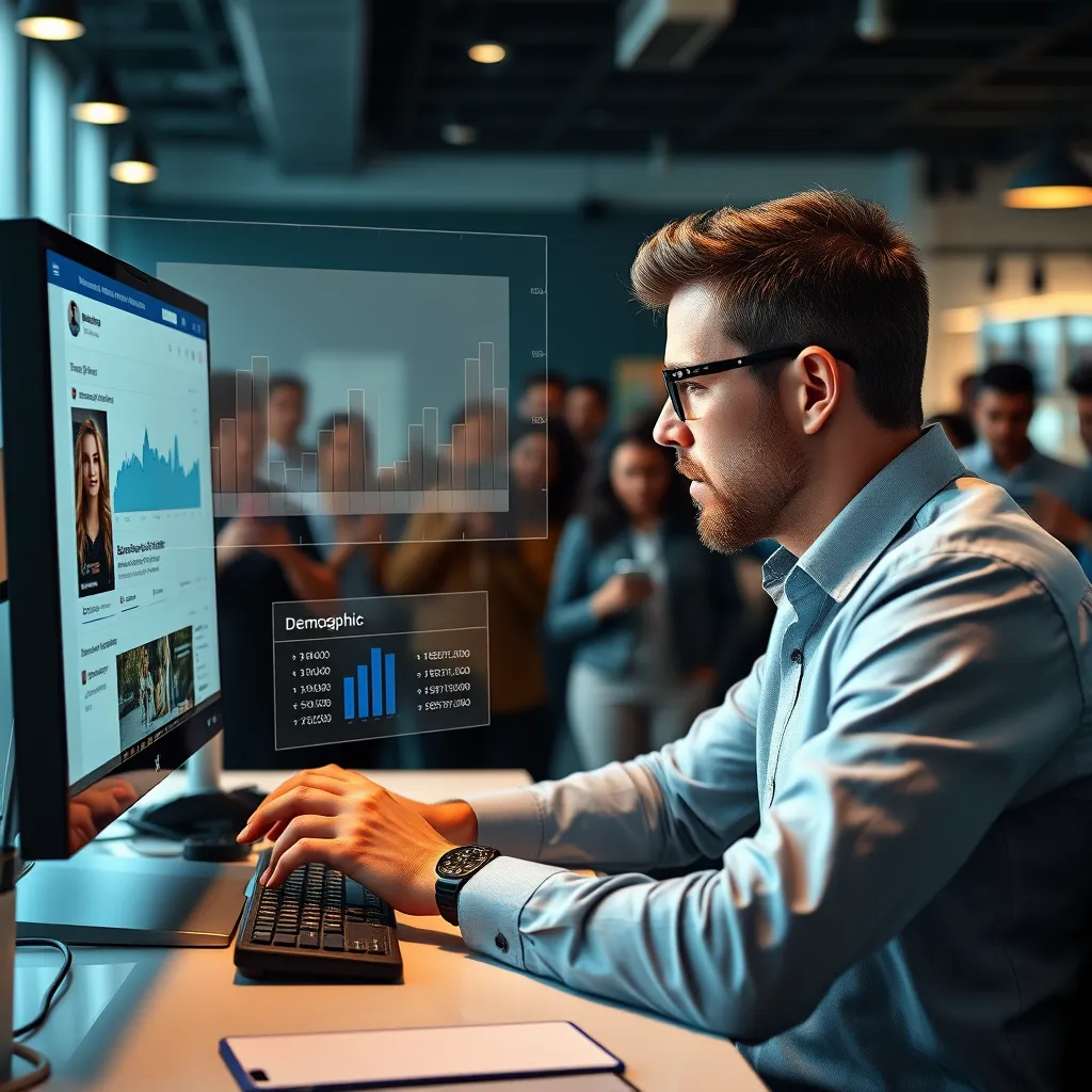 A dynamic scene of a local business owner in an office, intently analyzing Facebook Ads on a computer screen. Overlaid graphics show demographic targeting and engagement metrics. Background includes a diverse group of people using smartphones.