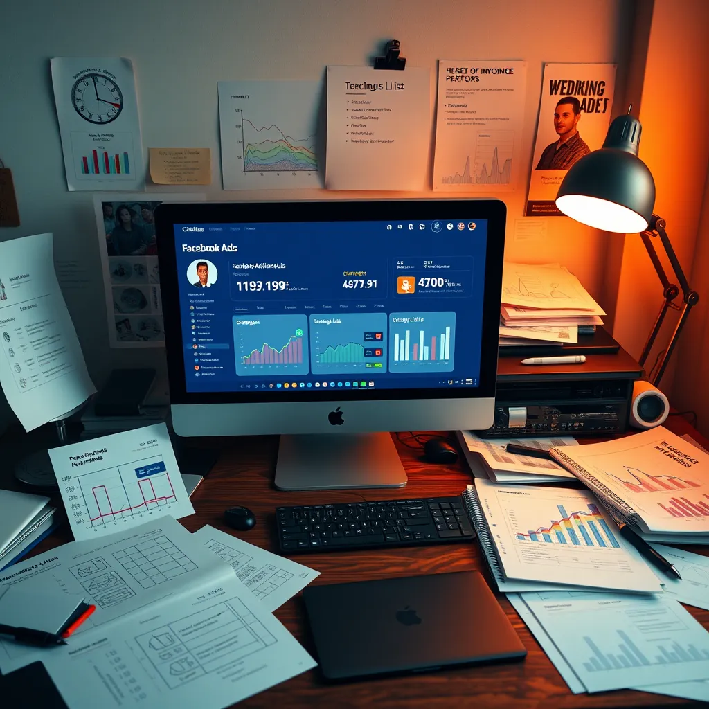 A high-quality, photorealistic image of a marketer's desk cluttered with advertising material. The central computer screen showcases a Facebook Ads campaign dashboard with promising analytics. Around the desk are sketches of ad designs, targeted audience lists, and performance graphs.