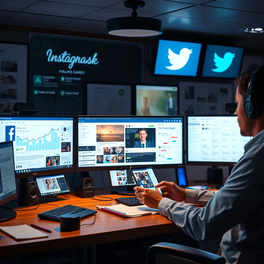 A high-quality, photorealistic image of a social media manager's desk, replete with multiple screens displaying various social media platforms like Facebook, Instagram, and Twitter. The manager is actively posting, surrounded by engagement metrics, creative content, and a calendar highlighting scheduled posts.