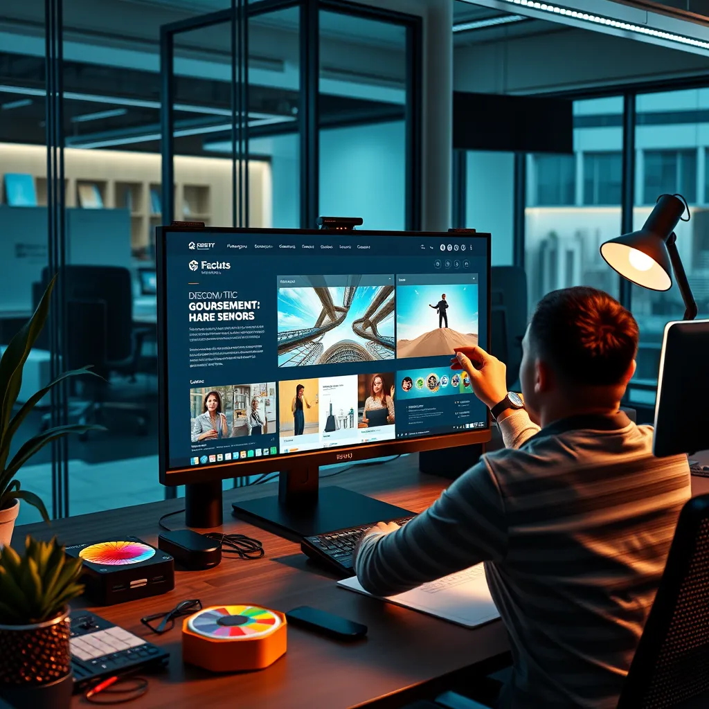 A high-quality, photorealistic image of a sleek, modern office workspace with a large computer monitor showing a beautifully designed, professional website. Include a web designer meticulously adjusting details on the screen, using design software, surrounded by colorful swatches and design tools.