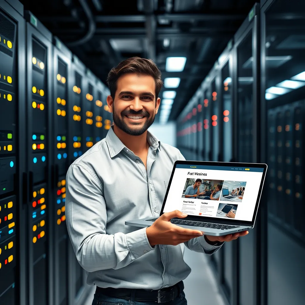 A high-tech server room with rows of sleek black servers with blinking LED lights, signifying reliability and speed. In the foreground, a confident business owner smiles while holding a laptop displaying a fast-loading website.