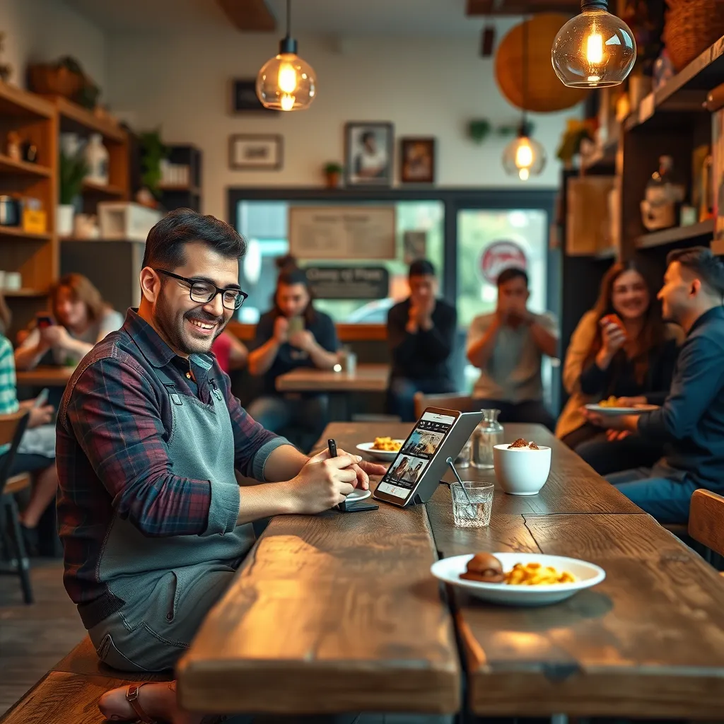 A local café with a vibrant community atmosphere. The café owner is sitting at a rustic table with a tablet, creating engaging social media posts. In the background, happy customers are taking photos of their meals and interacting with each other.