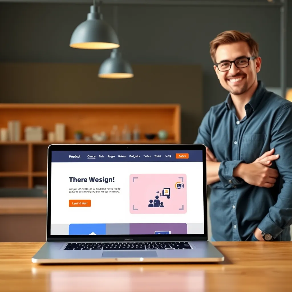 A modern, sleek web design layout on a laptop screen, with bright colors, intuitive navigation elements, and a smiling business owner standing next to it, conveying satisfaction and pride.