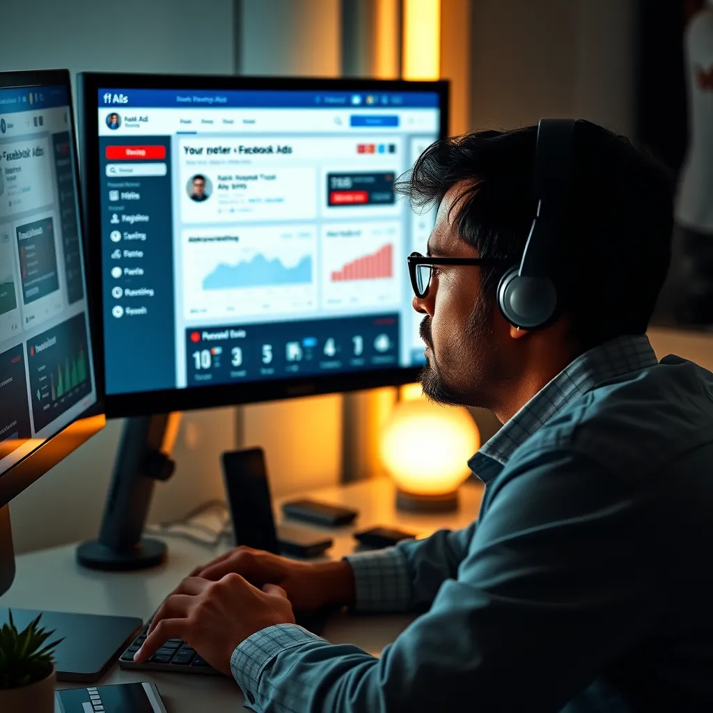 A small business owner looking at a computer screen showing a successful Facebook Ads dashboard, with various targeting and performance metrics highlighted, and dollar signs indicating revenue growth.