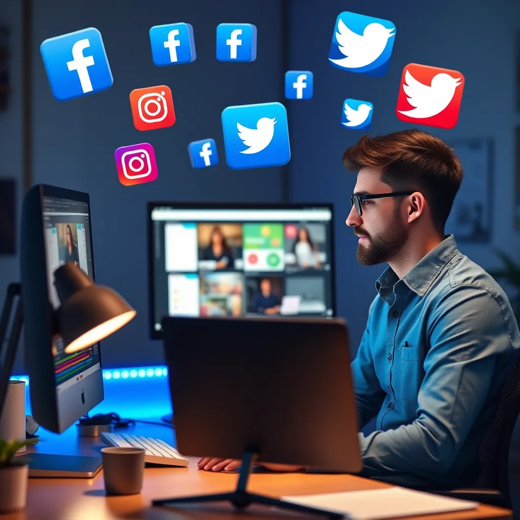 A social media manager at a desk, creating engaging content on a computer screen, with various social media icons like Facebook, Instagram, and Twitter floating above the workspace, representing diverse platforms.