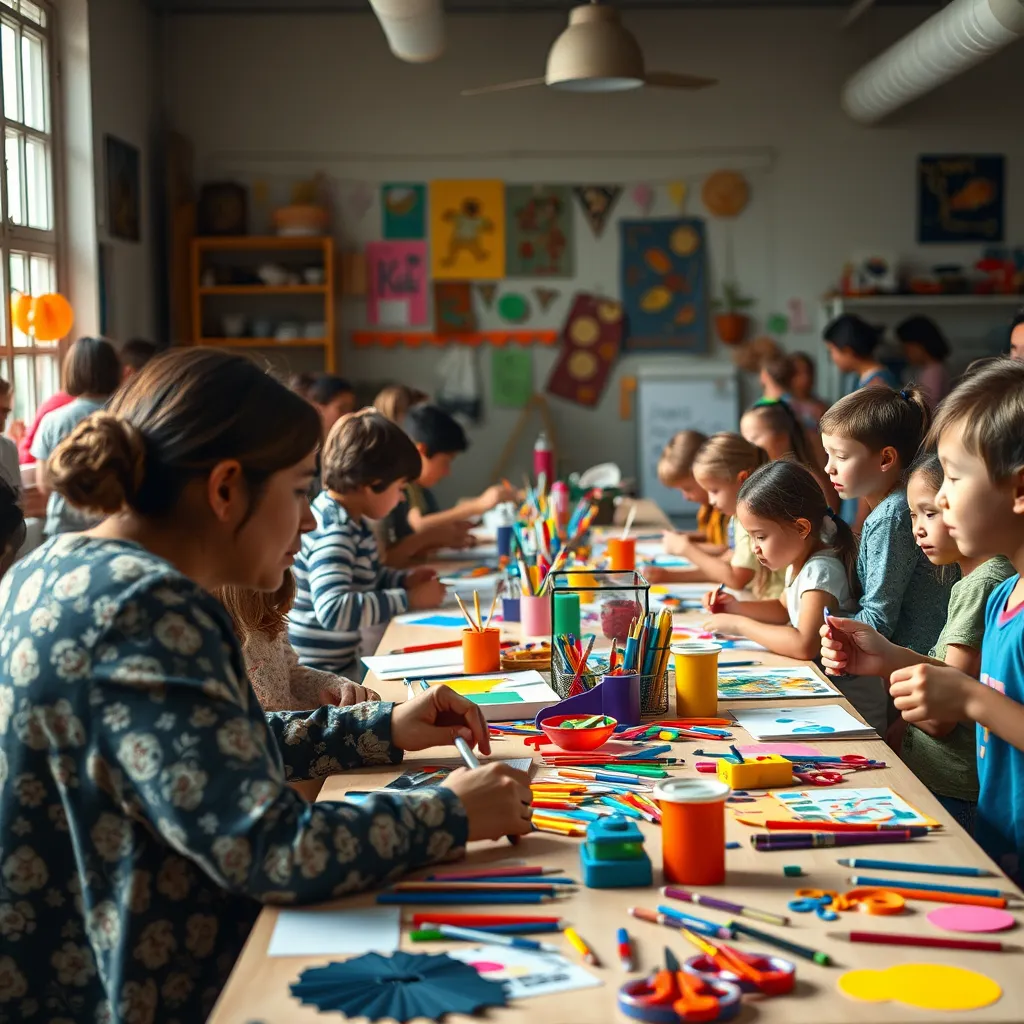A vibrant arts and crafts workshop scene with diverse participants of various ages engaged in creating projects. Tables filled with colorful craft supplies, like paints, papers, and scissors. A facilitator guiding a group activity, with evident excitement and creativity in the air.