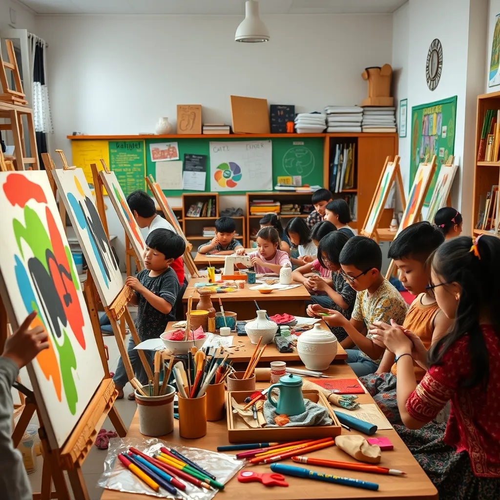 A vibrant classroom scene with diverse students engaged in different arts and crafts activities, such as painting on canvas, sculpting with clay, and sewing fabric. The room is filled with colorful materials, brushes, and tools, showcasing creativity.