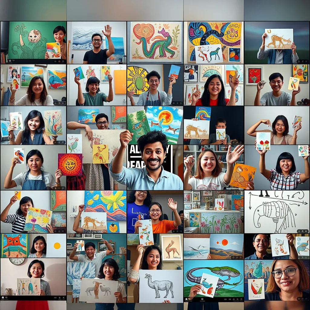 A vibrant digital collage showing diverse artists sharing their crafts via a video call. Screens are filled with colorful artworks, and participants from various backgrounds enthusiastically interact, holding up their recent creations, creating a dynamic sense of community and collaboration.