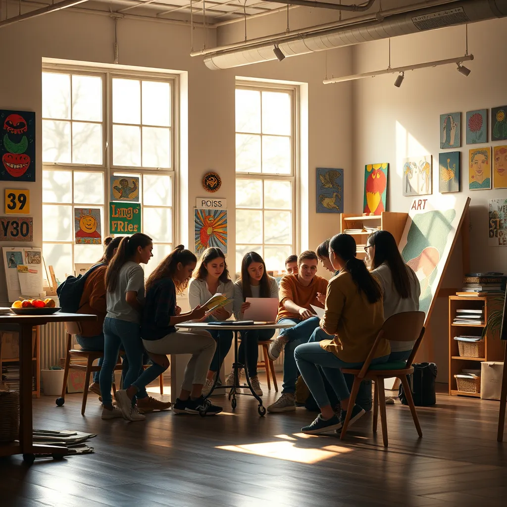 A warm, inviting art studio with students huddled together, sharing ideas and discussing their projects. Soft, natural lighting pours in through large windows. The walls are adorned with colorful art pieces, radiating a sense of support and camaraderie.