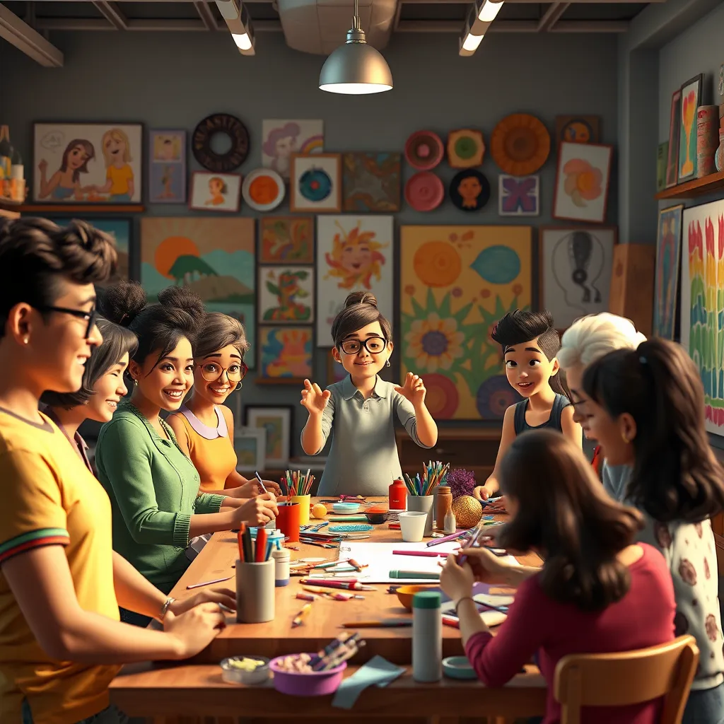 An animated arts and crafts workshop setting where a diverse group of individuals are engaged in a guided crafting session. A passionate instructor demonstrates techniques at the front, with happy participants working on various projects, surrounded by vibrant art displays.