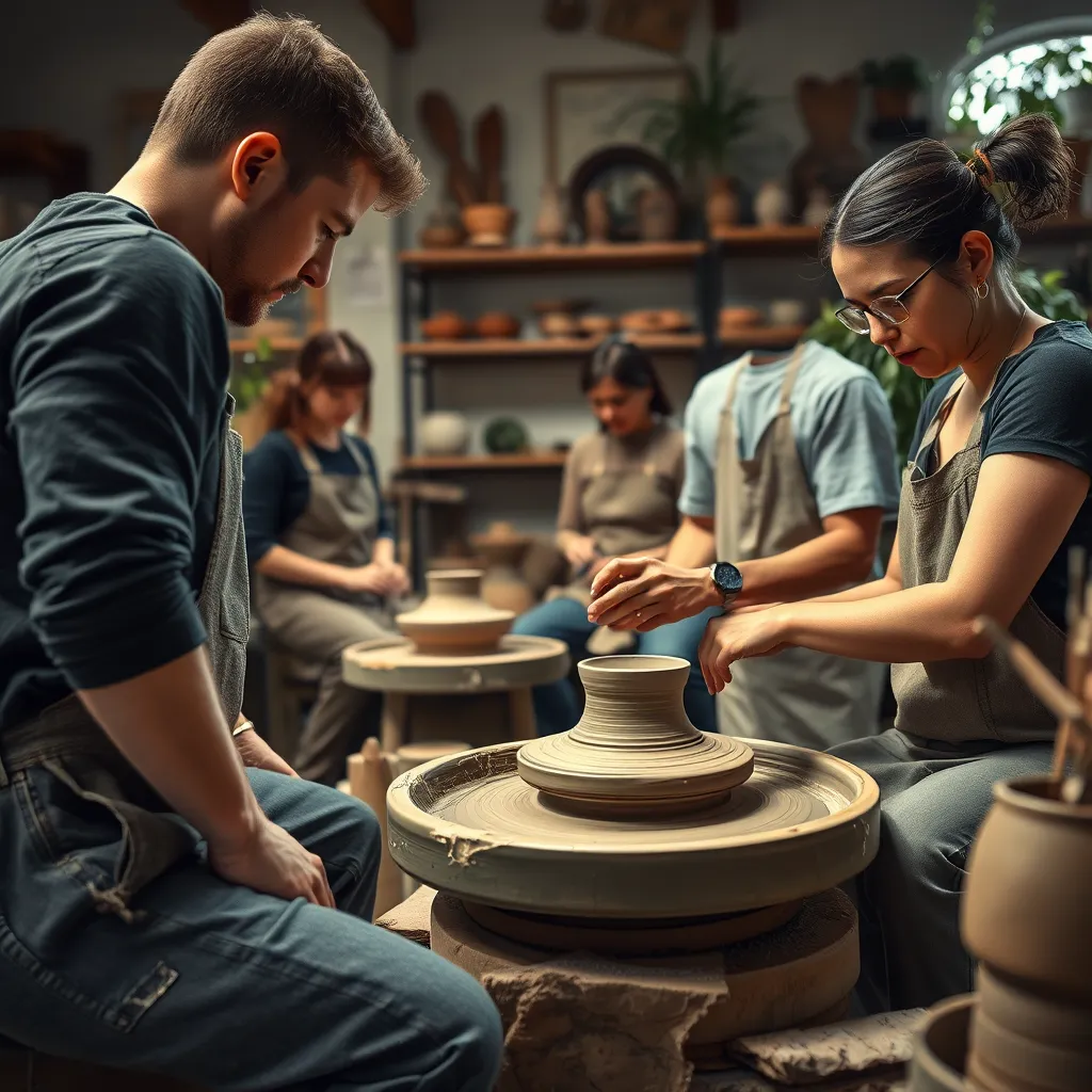 An artisan pottery studio where a small group of students is engaged in an advanced pottery techniques class. The focus is on a potter’s wheel where an instructor guides a student shaping clay into beautiful forms. Soft dramatic side lighting emphasizes the contours of the spinning clay and the concentrated expressions of the participants. The color palette features earthy tones, emphasizing the natural materials of clay and glazes, creating a serene and focused mood. The camera angle is low, showcasing the intricate textures of the clay, tools, and the rustic workshop environment. Environmental elements include shelves lined with finished pottery, tools arranged neatly, and plants that bring life to the studio. This scene should embody the artisanal nature of pottery making in the style of classic craft photography. Technical specifications: 8K resolution, hyperrealistic, ultra-detailed.