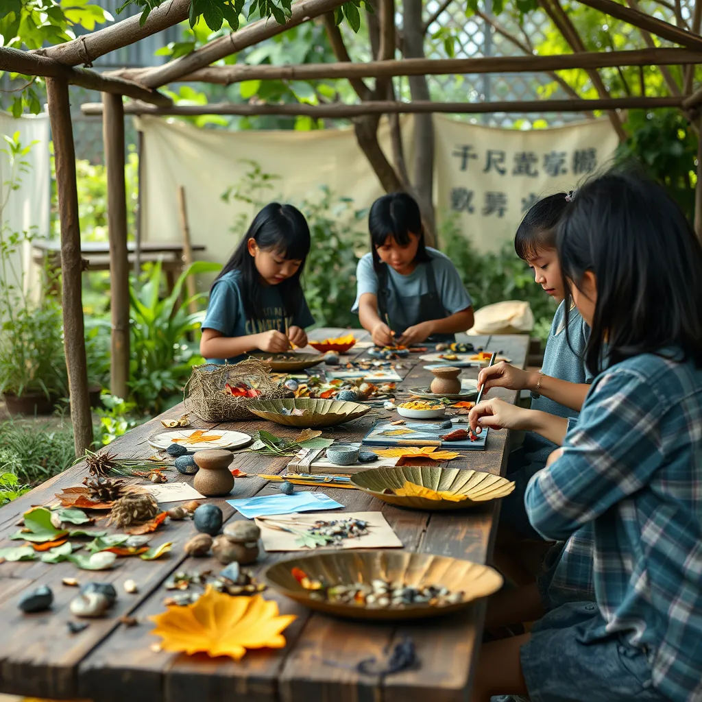 An outdoor art workshop where students use natural materials like leaves and stones to create art pieces. Various crafts are displayed on a long wooden table surrounded by greenery, conveying a strong connection to nature and sustainability.