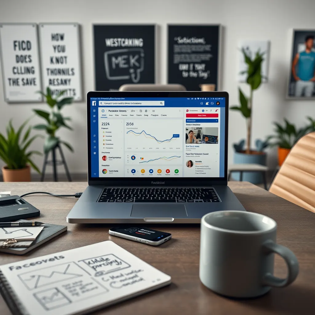 Create a photorealistic, ultra-high quality image displaying a professional setting for creating Facebook advertisements. The central subject is a laptop screen showing a Facebook Ads dashboard with various ad campaigns and performance analytics. Lighting is soft and even, creating a focused and calm environment. The color palette is professional with shades of blue, grey, and white, aiming to convey efficiency and clarity. The camera angle is over-the-shoulder from a standing person's perspective, providing a view of the laptop screen and workspace. The desk features a mix of creative and technical elements like a sketchpad with designs, a smartphone displaying Facebook notifications, and a coffee mug. The background includes motivational posters, an ergonomic chair, and some indoor plants to maintain a balanced, productive vibe. Ensure textures such as the sleek metal of the laptop and the soft blur of the background are rendered with fine detail. Technical specifications: 8K resolution, hyperrealistic, ultra-detailed, in the style of contemporary office setups.