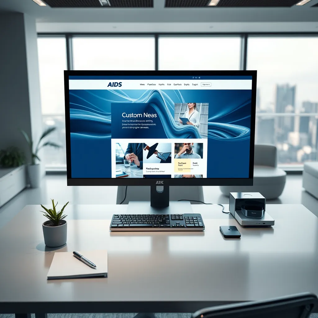Create a photorealistic, ultra-high quality image of a sleek, modern web design studio. The central subject is a high-end computer monitor displaying a stunning, custom-designed website with vibrant graphics and elegant typography. The setting features soft diffused lighting creating a professional ambiance. The color palette should include shades of blue, white, and touches of metallic silver, promoting a clean, professional mood. The camera angle should be slightly from above, capturing the workspace with a focus on the monitor. The desk is equipped with stylish accessories like a keyboard, a potted plant, a notepad, and a pen. The background displays a minimalistic office with modern furniture. Ensure textures are crisp, showing the smooth surface of the desk and the sleek finish of the electronic devices. Include some environmental elements such as a large, wide window overlooking a cityscape in the background. Technical specifications: 8K resolution, hyperrealistic, ultra-detailed, in the style of a high-end tech product advertisement.