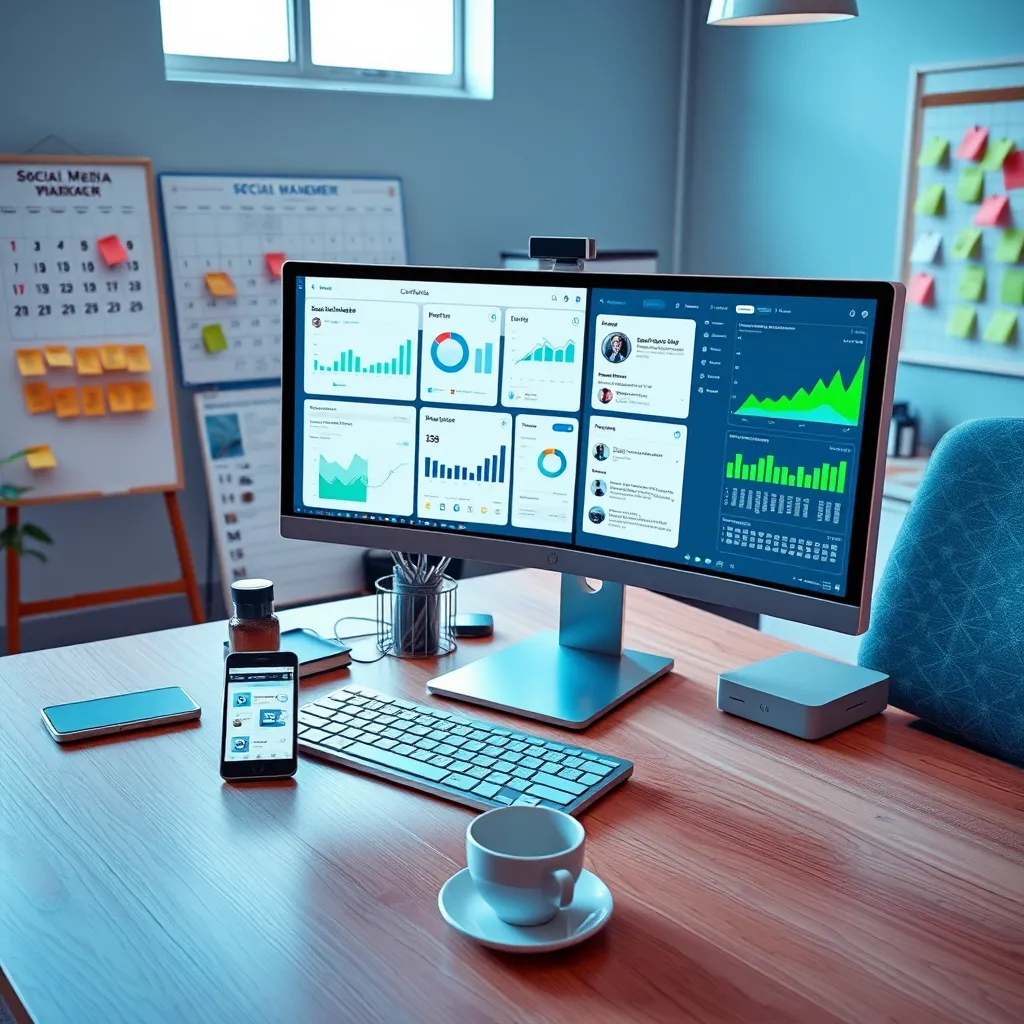 Generate a photorealistic, ultra-high quality image that showcases a vibrant social media management workspace. The main subject is a modern desktop computer with multiple screens displaying various social media dashboards with analytics, posts, and engagement metrics. Lighting should be bright but balanced, giving a sense of energy and productivity without being overwhelming. Use a vivid color palette with shades of blue, green, and white to create a lively, engaging atmosphere. The camera angle should be straight-on from a slight distance, capturing multiple screens, a sleek keyboard, a smartphone displaying social media apps, and a cup of coffee. The desk is organized with minimalistic yet chic office supplies. In the background, elements such as a large calendar, sticky notes pinned on a board, and a comfortable office chair should be present. Ensure textures like the smoothness of the screens and the wooden desk surface are highly detailed. Technical specifications: 8K resolution, hyperrealistic, ultra-detailed, in the style of a dynamic tech office shot.