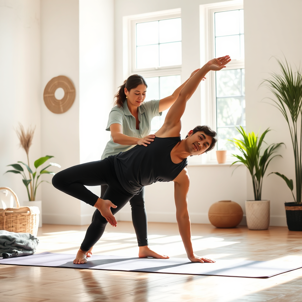 A person doing a yoga stretch with the help of a massage therapist. The therapist is providing support and guidance. The environment is bright and airy, with natural light streaming in. The focus is on the improved range of motion and flexibility. It should show a health and wellness environment.