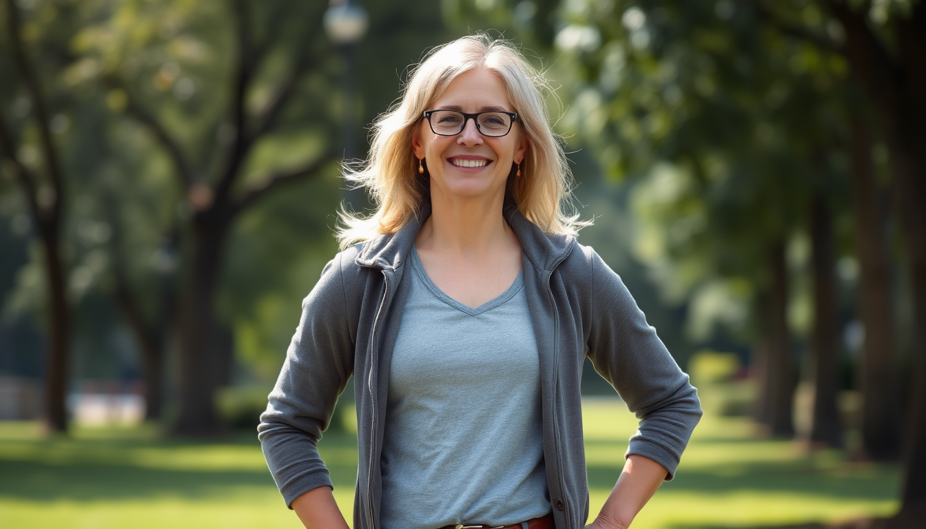 A person standing tall with a healthy posture after a massage session. They are smiling and radiating confidence. The background is a park or natural setting, symbolizing vitality and well-being. The focus is on the long-term benefits of massage therapy. Show that the person is now free from any prior pain.