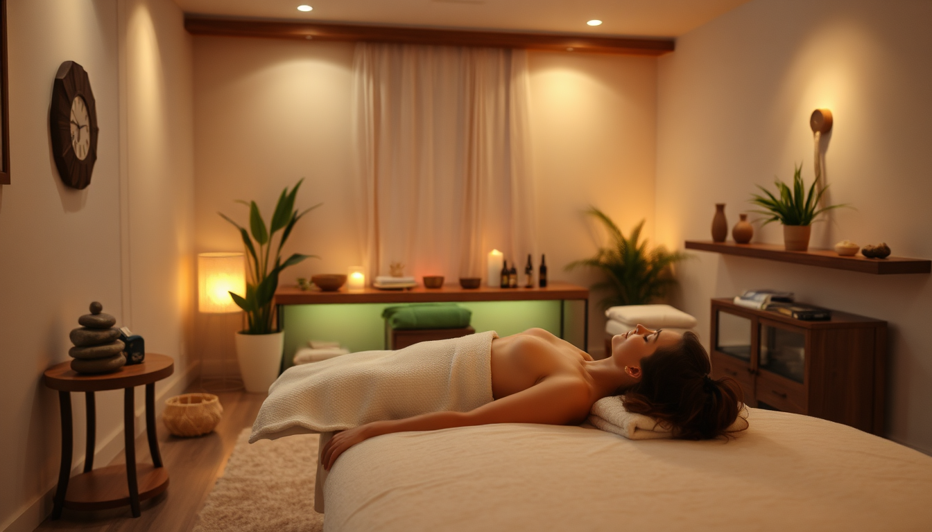 A serene and inviting massage room with soft lighting, aromatherapy diffusers, and comfortable furnishings. The room is decorated with natural elements like plants and stones. The overall atmosphere is calm and relaxing. Show a person laying down and relaxing as the warm lighting welcomes them.