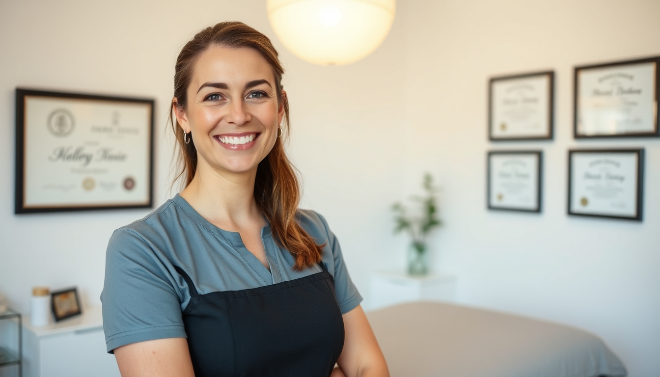 A smiling massage therapist standing in a clean, well-lit treatment room. They are wearing professional attire and have a friendly demeanor. In the background, there are certifications and diplomas displayed, showcasing their expertise. The environment is calming and welcoming. Show a friendly and expert face, displaying confidence.