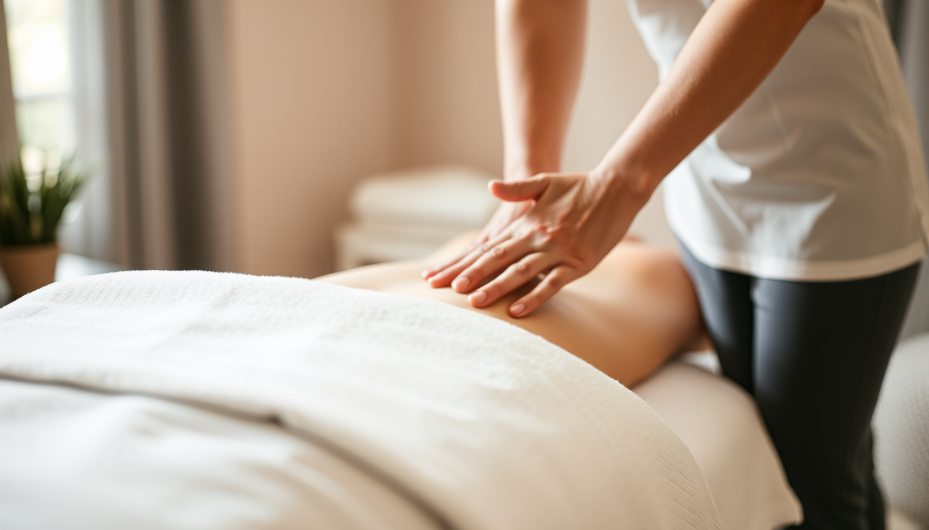 A therapist's hands gently adjusting the massage table height for a client. The lighting is soft and inviting. The background is blurred, suggesting a calm and serene treatment room. The focus is on the personalized attention and care given to each client. Show the therapist's hands as gentle but sure and confident.