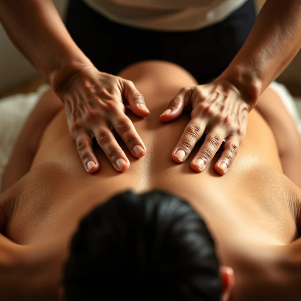 Create a detailed image of a massage therapist's hands working on a client's back muscles. Highlight the precision and care involved in therapeutic massage. Use a neutral color palette with warm undertones.