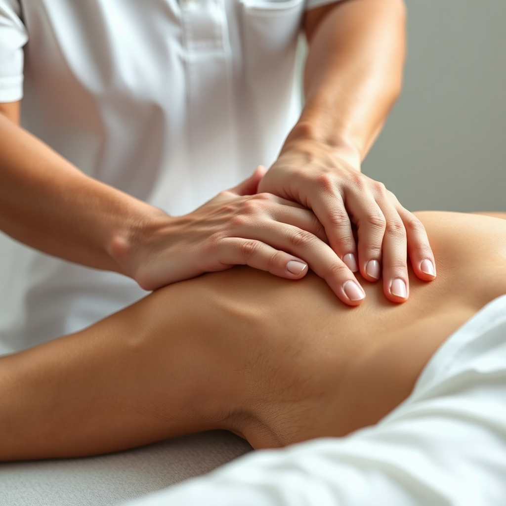 Image of a person experiencing relief from neck pain during a massage. The massage therapist's hands are visible, gently working on the client's neck and shoulders. The client's expression shows comfort and release. The environment is clean and calming, with soft lighting and neutral colors. A focus on the muscles being worked and the expressions on the person's face.