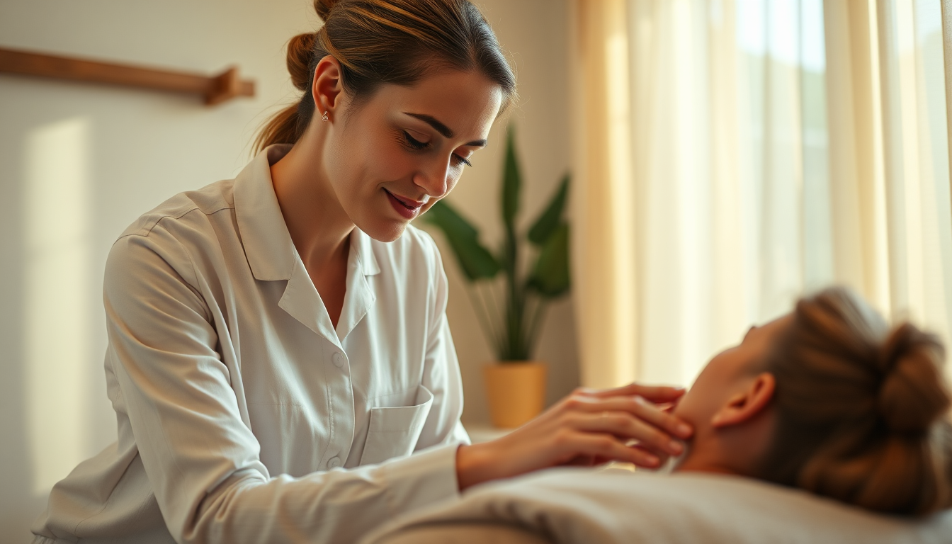 Create a photorealistic image showcasing a massage therapist consulting with a client before a session. The scene should be warmly lit and inviting, with a focus on the connection between the therapist and the client. The color palette should be soft and natural, with shades of beige, brown, and green. The camera angle should be close-up, capturing the expressions of both individuals. The textures should highlight the professionalism of the therapist and the comfort of the client. The overall feel should be one of trust and collaboration. Style reference: Holistic wellness photography. Technical specs: 4K resolution, high quality.