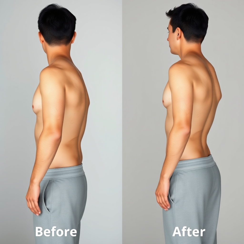 Create a photorealistic image depicting a person with improved posture after receiving massage therapy. The image should show a before-and-after comparison, with the 'before' image showing slumped shoulders and poor alignment, and the 'after' image showing a straighter spine and more relaxed posture. The lighting should be neutral and the background should be simple and uncluttered. The color palette should be muted, with shades of gray, beige, and white. The camera angle should be from the side, capturing the full body posture. The textures should highlight the difference in muscle tension and body alignment. The overall feel should be one of improvement and well-being. Style reference: Physical therapy photography. Technical specs: 4K resolution, high quality.
