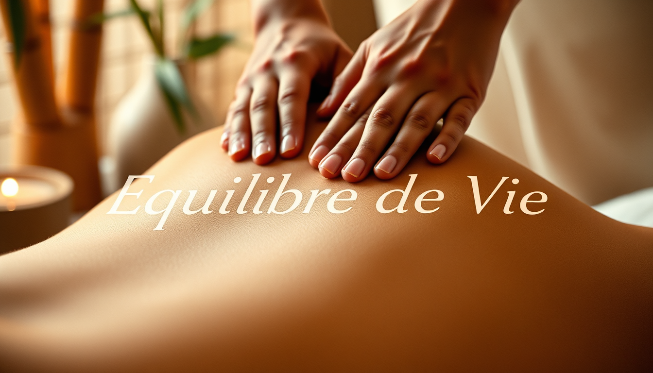 Create a photorealistic image representing the essence of "Équilibre de Vie". The scene focuses on a close-up of hands gently massaging a client's back. Use soft, warm lighting to highlight the textures of the skin and the hands. The background should be blurred, suggesting a tranquil spa environment with natural elements like bamboo and soft fabrics. The color palette should be warm and inviting, with tones of beige, cream, and light brown. The camera angle should be a close-up, emphasizing the caring touch and the relaxation experienced by the client. The textures should be hyperrealistic, showcasing the smoothness of the skin and the gentle pressure of the hands. Style reference: Natural and organic spa photography. Technical specs: 4K resolution, high quality.